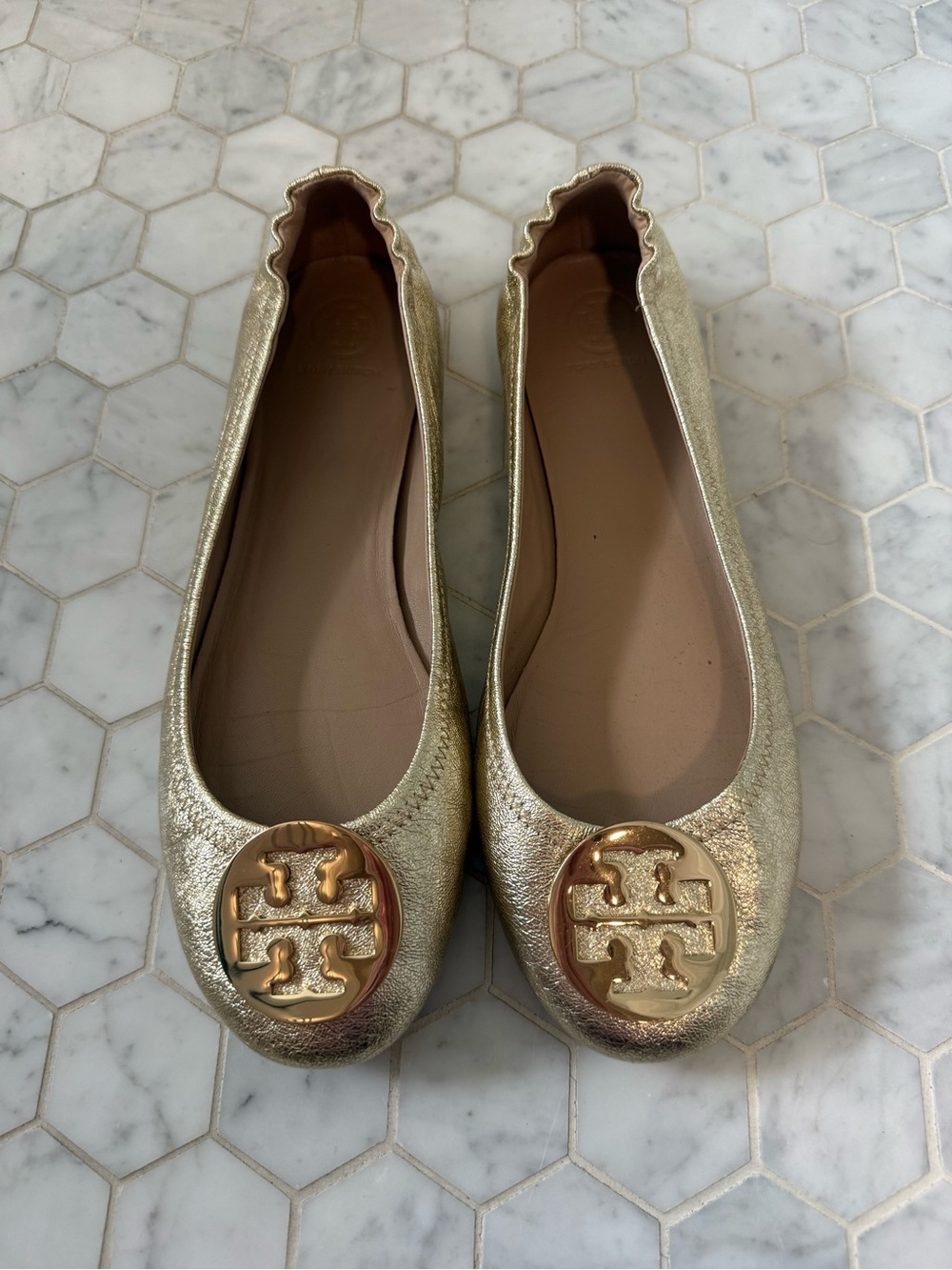 Tory Burch Gold Metallic Logo Ballet Flats size 10.5